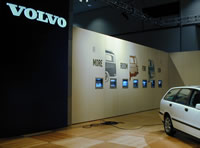 trade show display for volvo, flat screen monitors in show wall